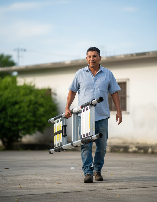 Hombre cargando la escalera telescópica plegada con una sola mano