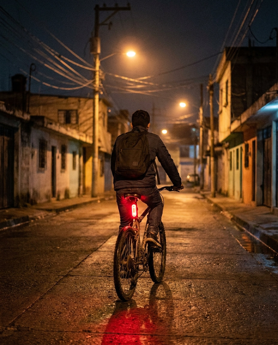 Ciclista de noche con la luz trasera PedaLuz encendida en el tubo del asiento