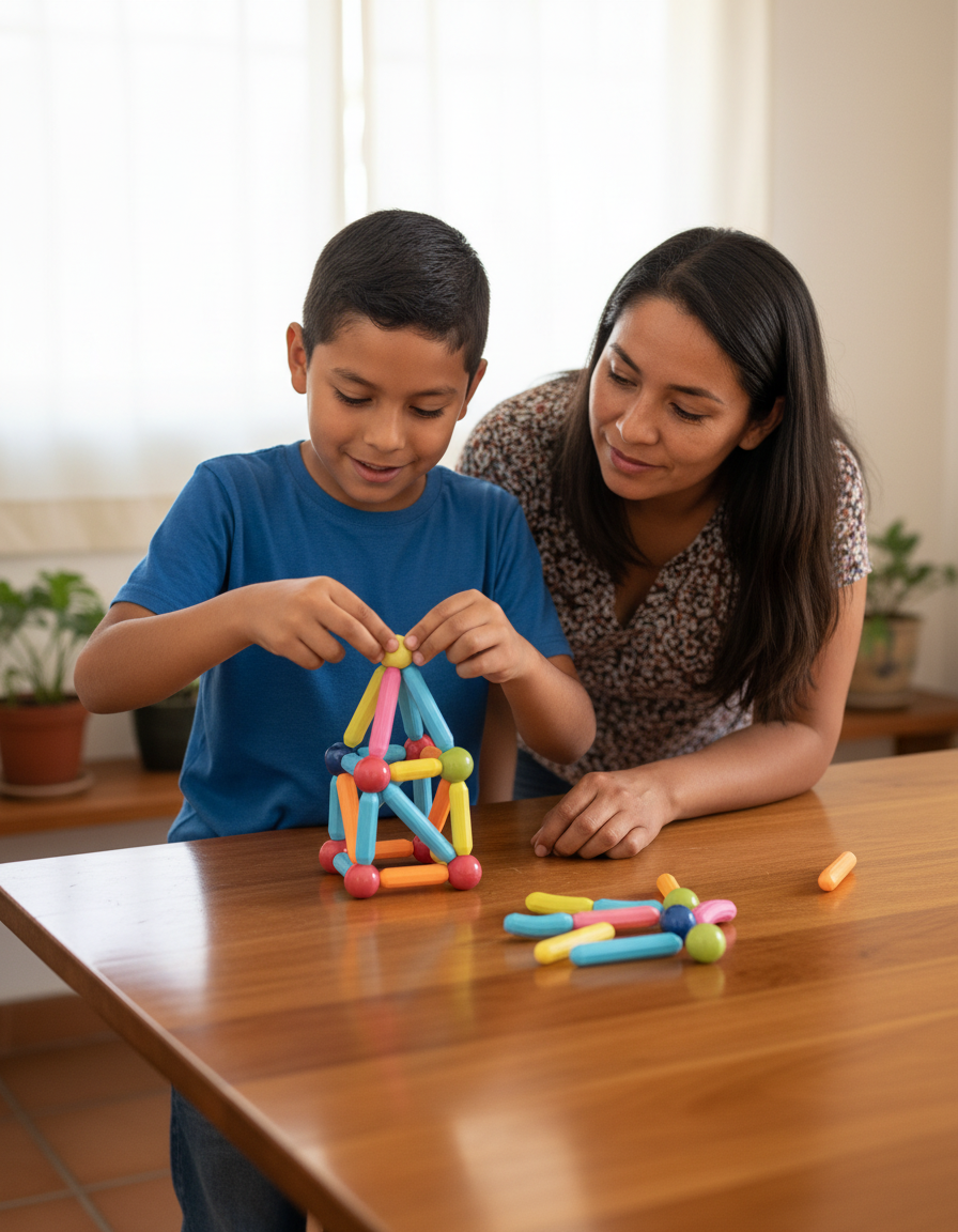 Niño de 9 años armando una pirámide magnética con su mamá al lado