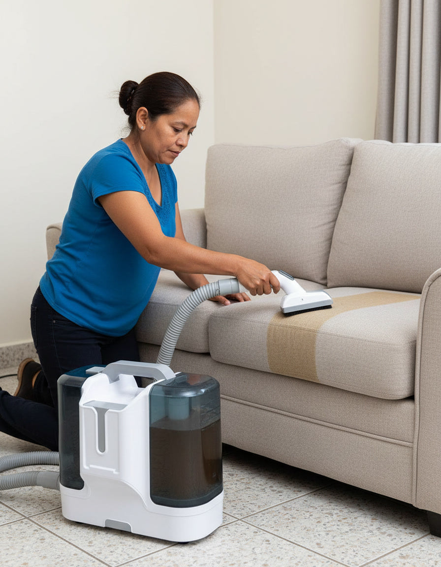 Lavando el sillón de la sala con LavaSala: una franja limpia en una pasada