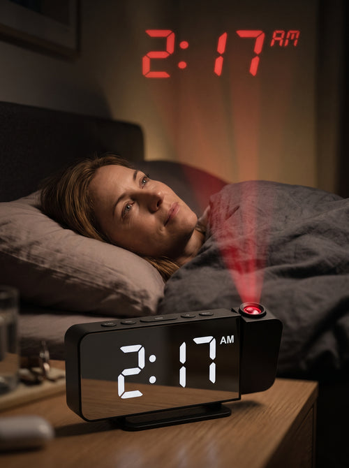 Mujer viendo la hora proyectada en el techo sin usar el celular