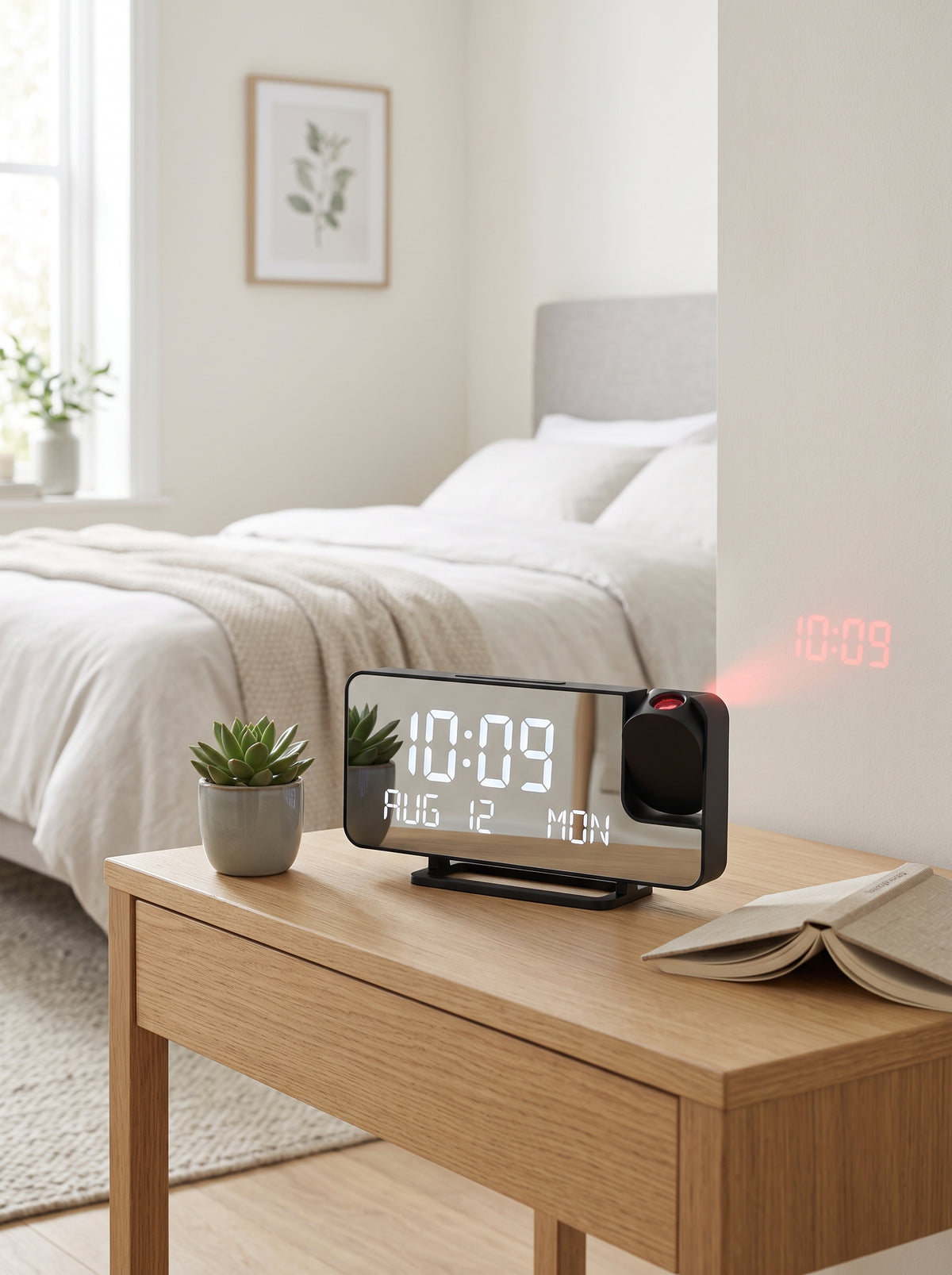 Reloj proyector en una mesa de noche moderna