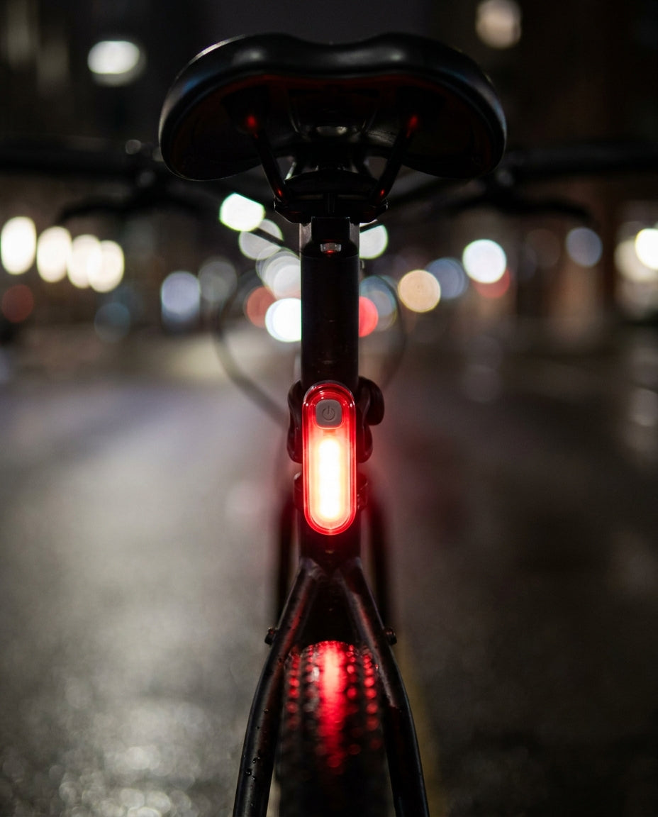 PedaLuz encendida en el tubo del asiento de una bicicleta, de noche