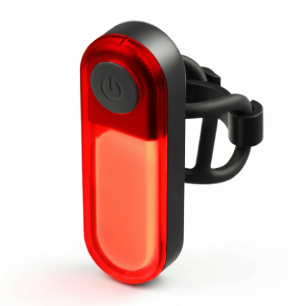 PedaLuz: luz trasera roja LED en forma de cápsula, con botón gris al frente y soporte de hule