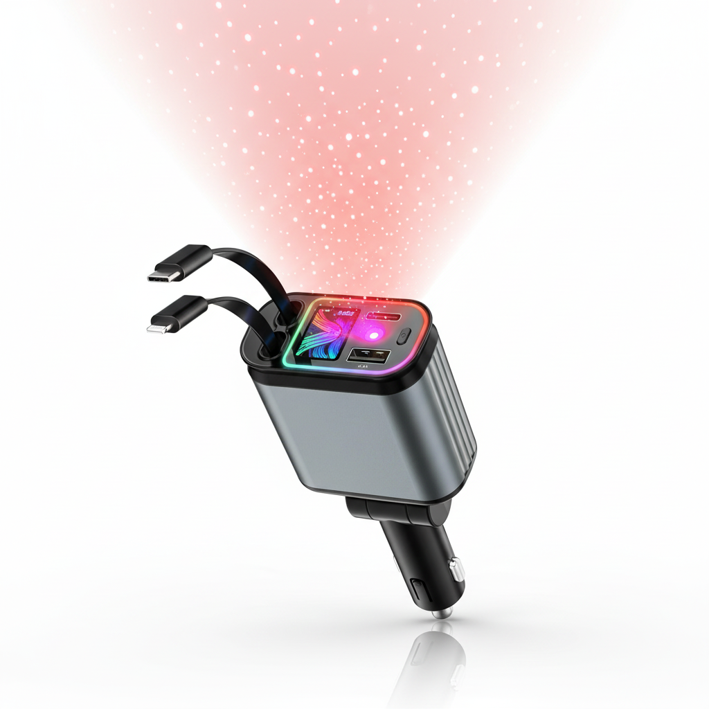 PowerClip: cargador de carro 4 en 1 con dos cables retráctiles y luz