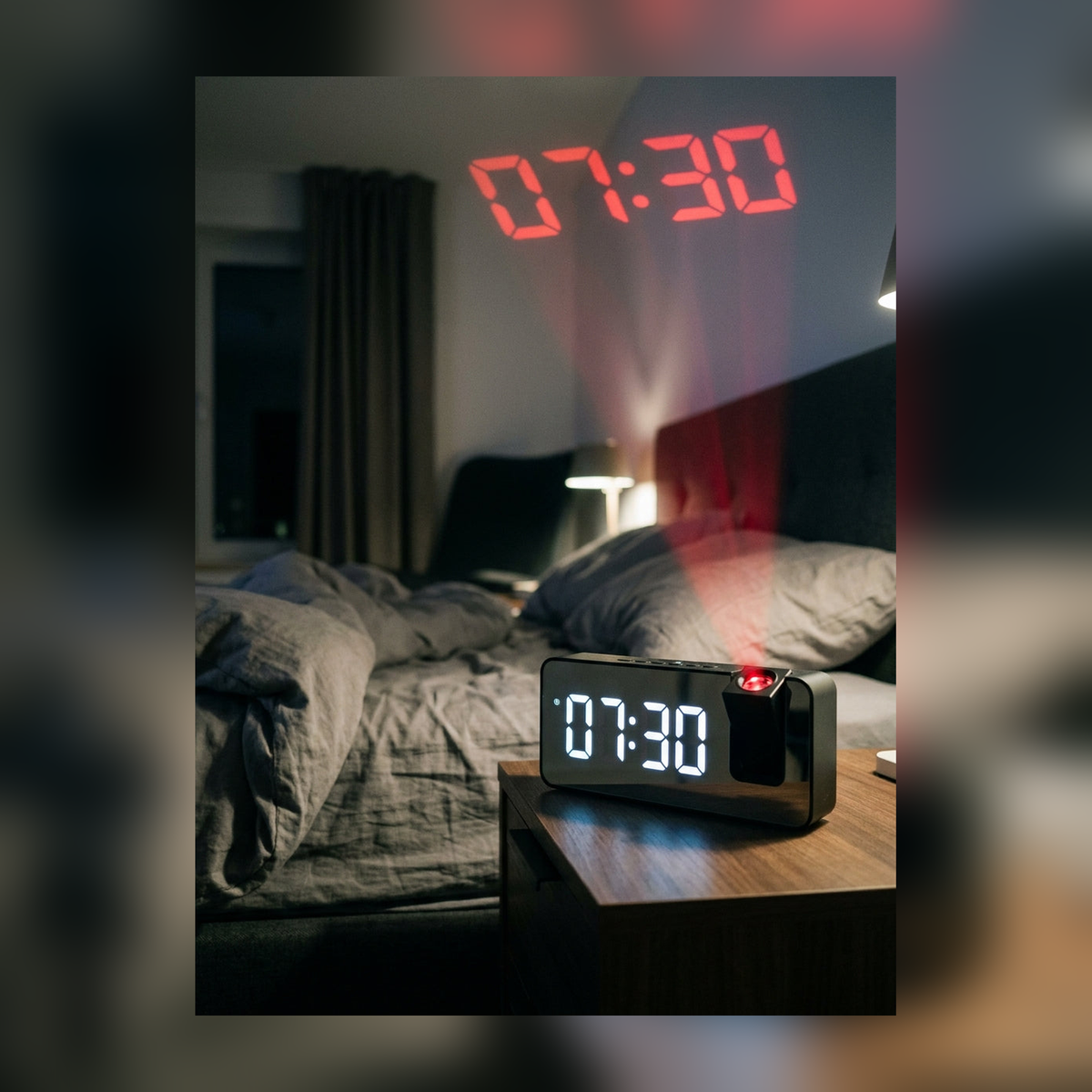 Reloj proyector en la mesa de noche con la hora proyectada en el techo